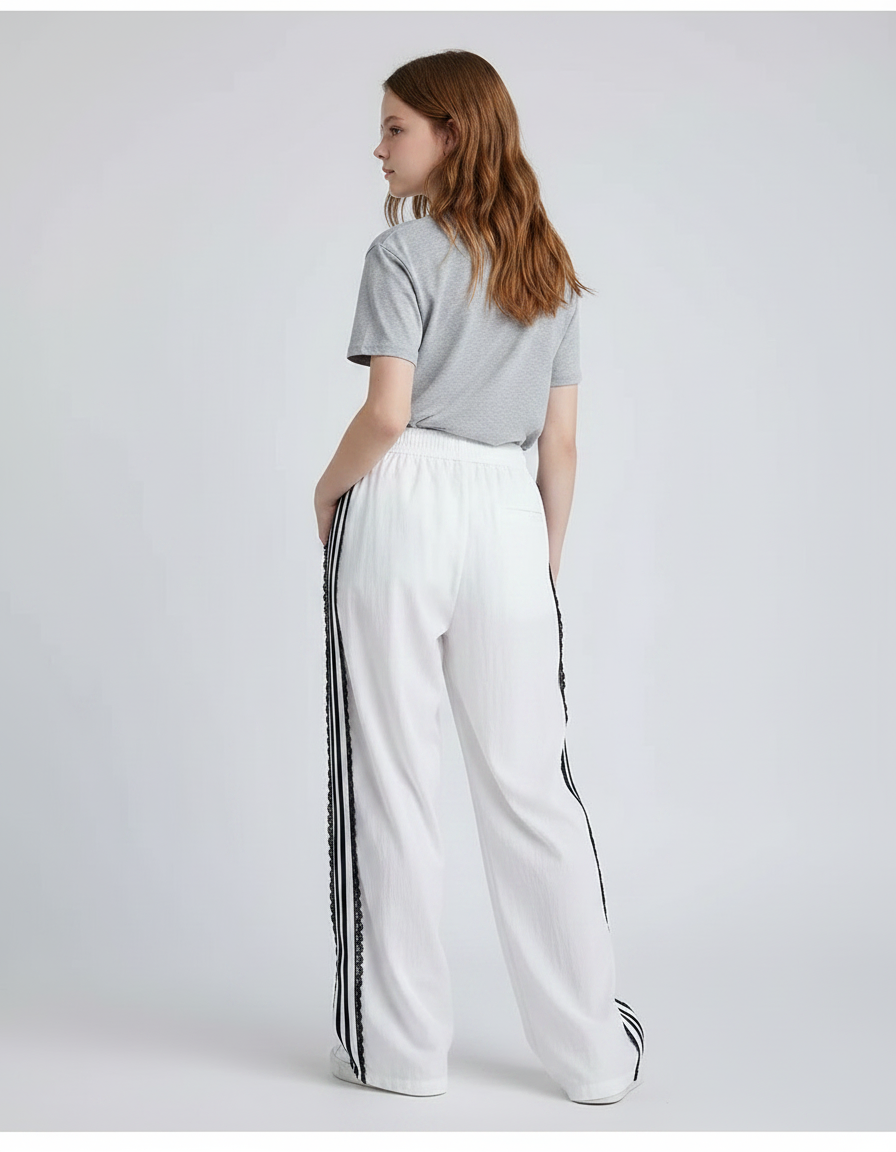 Pantalon Parachute Blanc Large Rayures Noires Fille - Polyester - vue 2