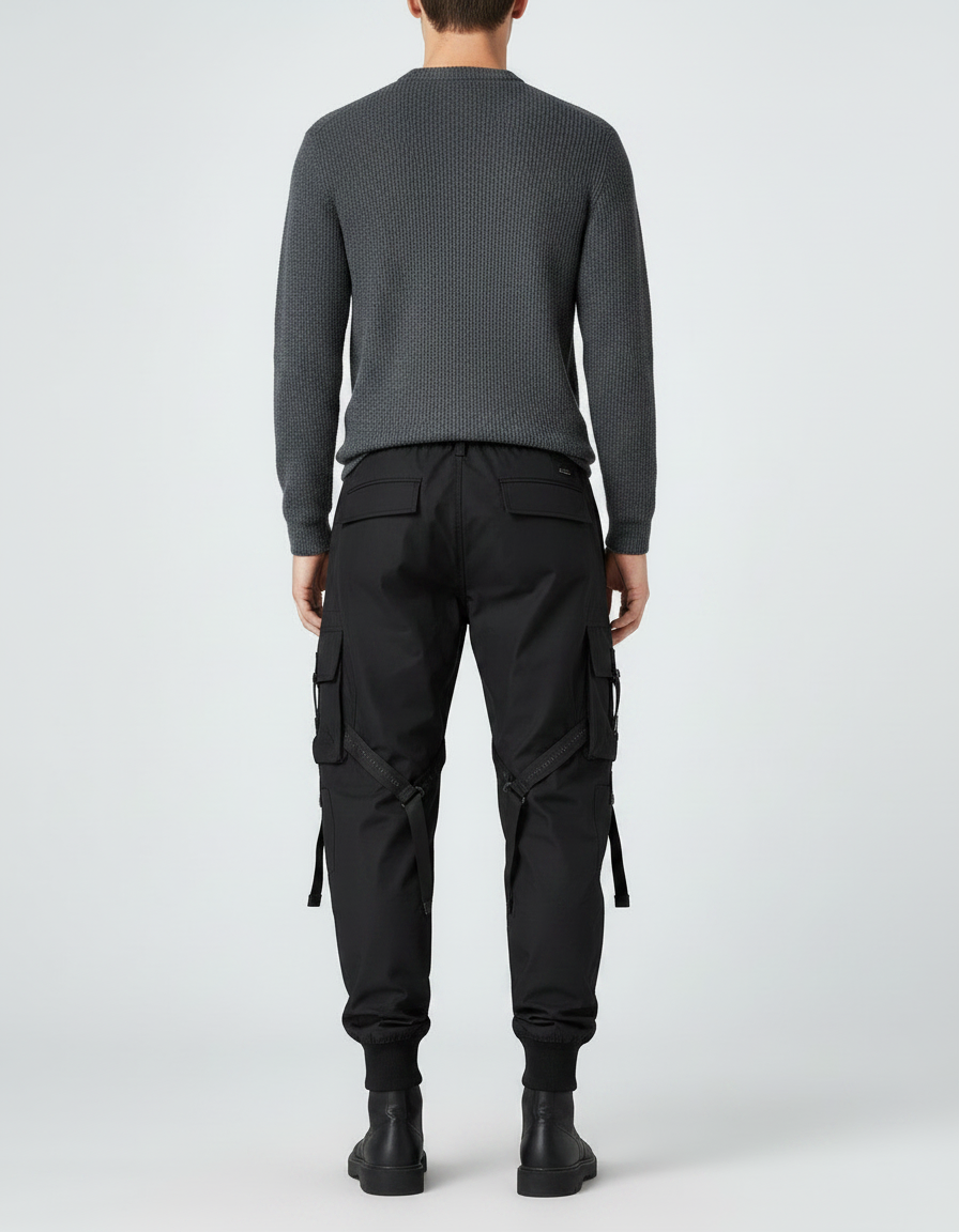 Pantalon Parachute Noir Cargo Tactique Multipoches Homme - Polyester - vue 2
