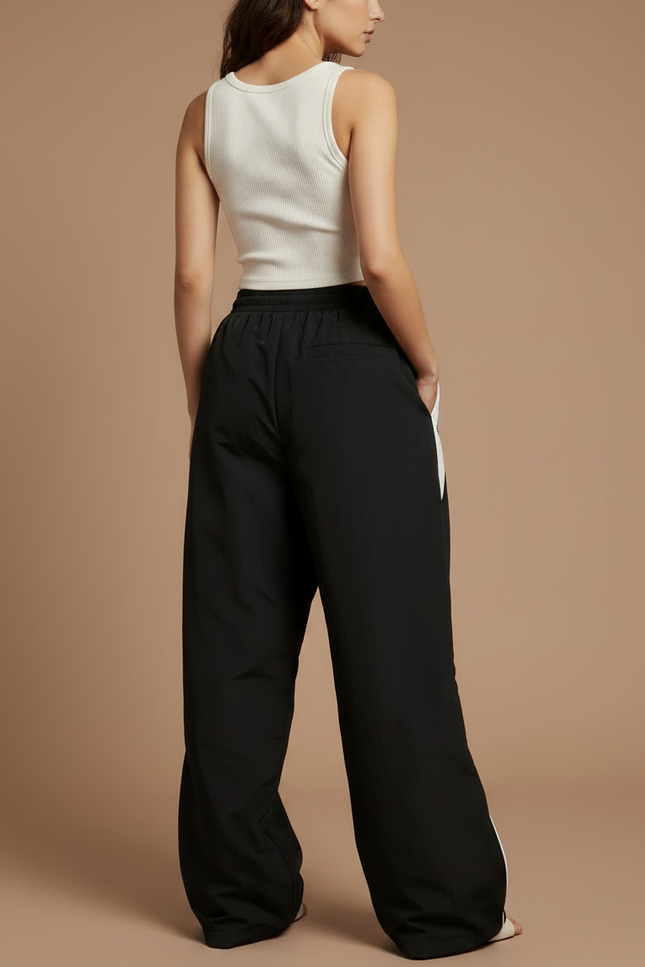 Pantalon Parachute Noir Ample Streetwear Sportif Cordon - Polyester - vue 2