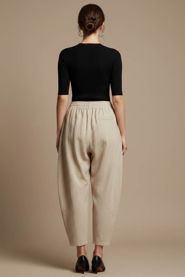 Pantalon Parachute Beige Lin Ample Taille Élastique - vue 2