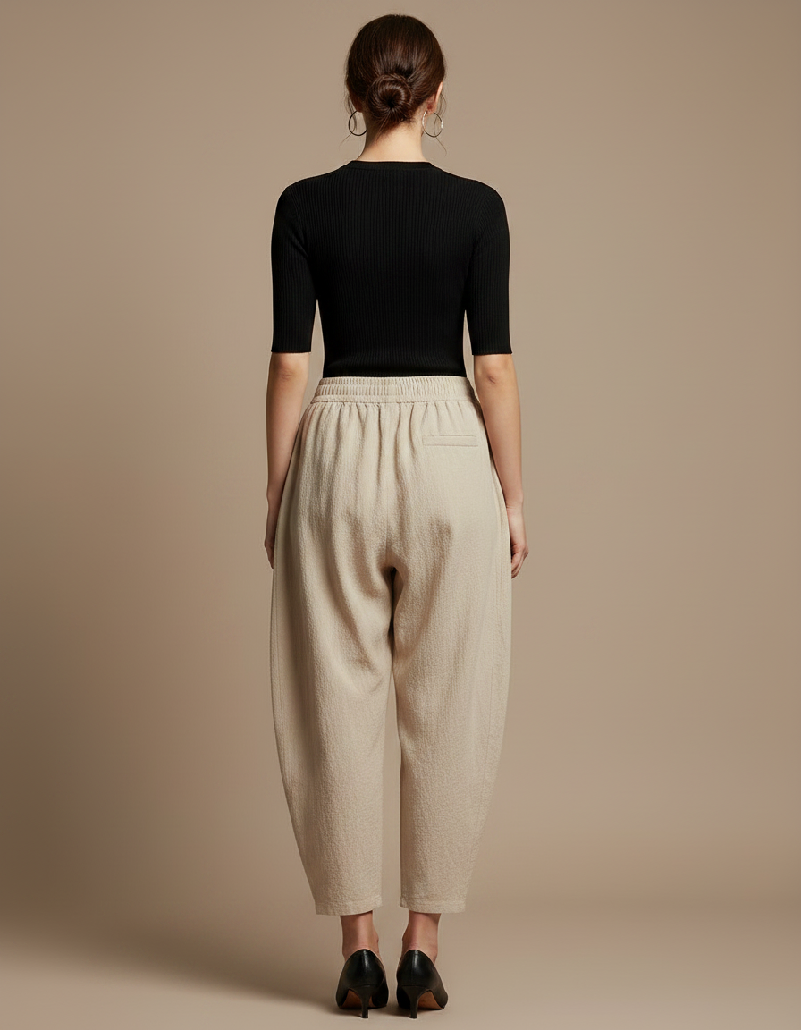 Pantalon Parachute Beige Lin Ample Taille Élastique - vue 2