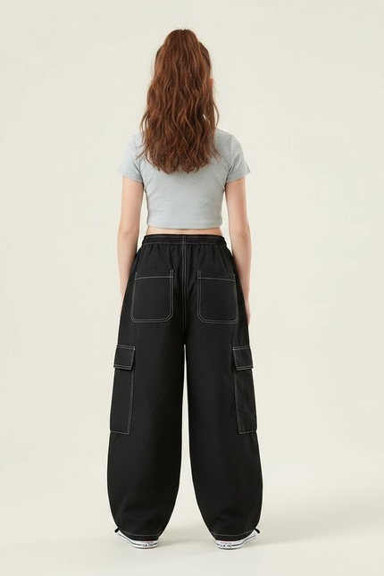 Pantalon Parachute Noir Ample Fille Couture Blanche - Polyester - vue 2
