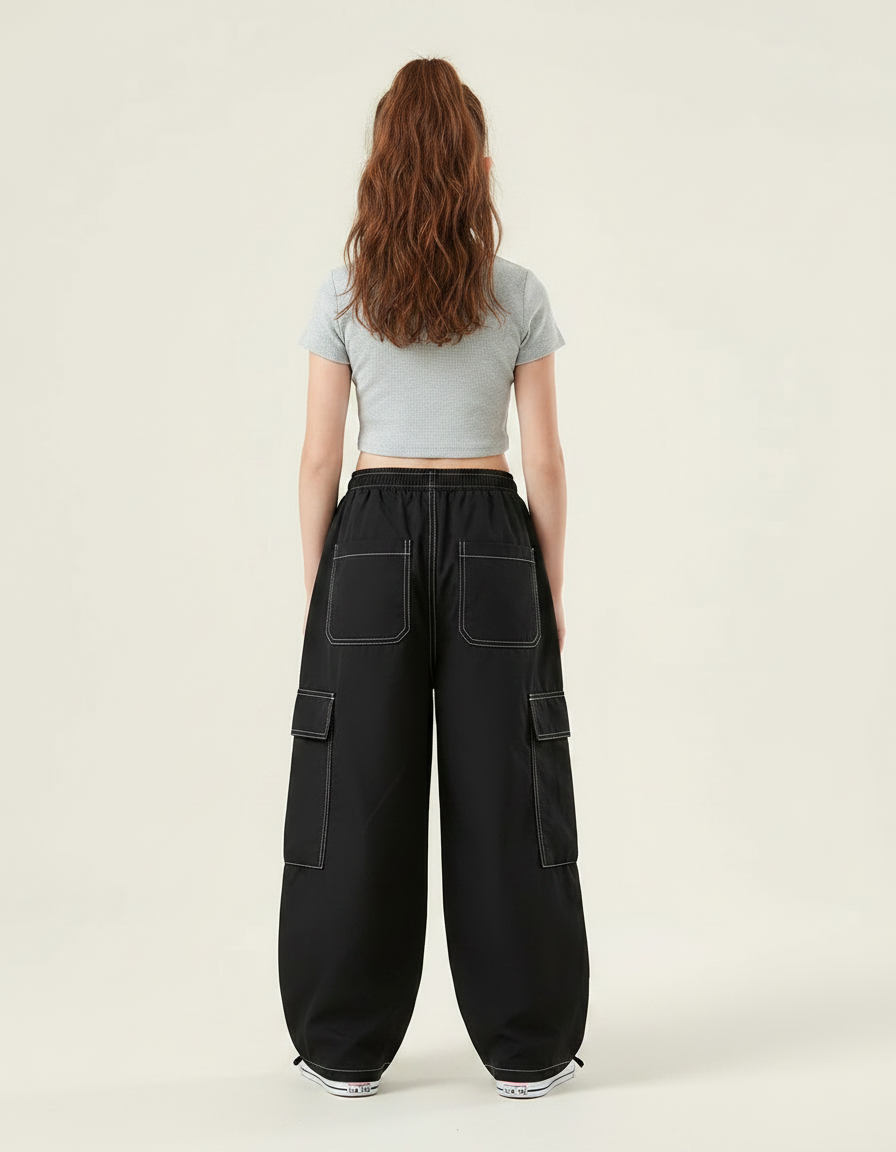 Pantalon Parachute Noir Ample Fille Couture Blanche - Polyester - vue 2
