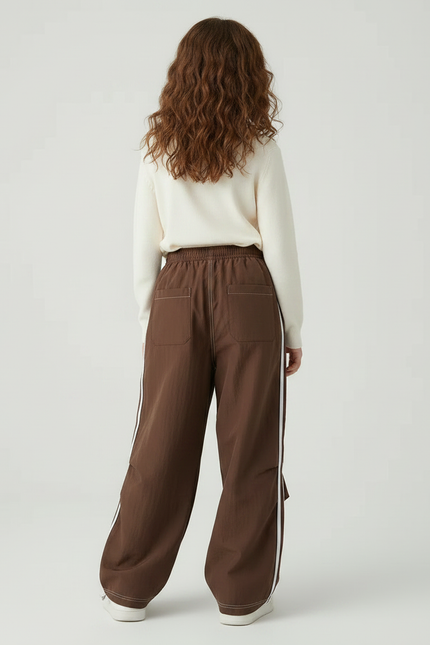 Pantalon Parachute Marron Ample Rayures Blanches - Polyester - vue 2