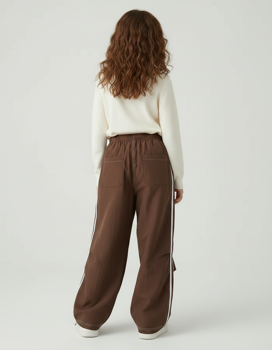 Pantalon Parachute Marron Ample Rayures Blanches - Polyester - vue 2