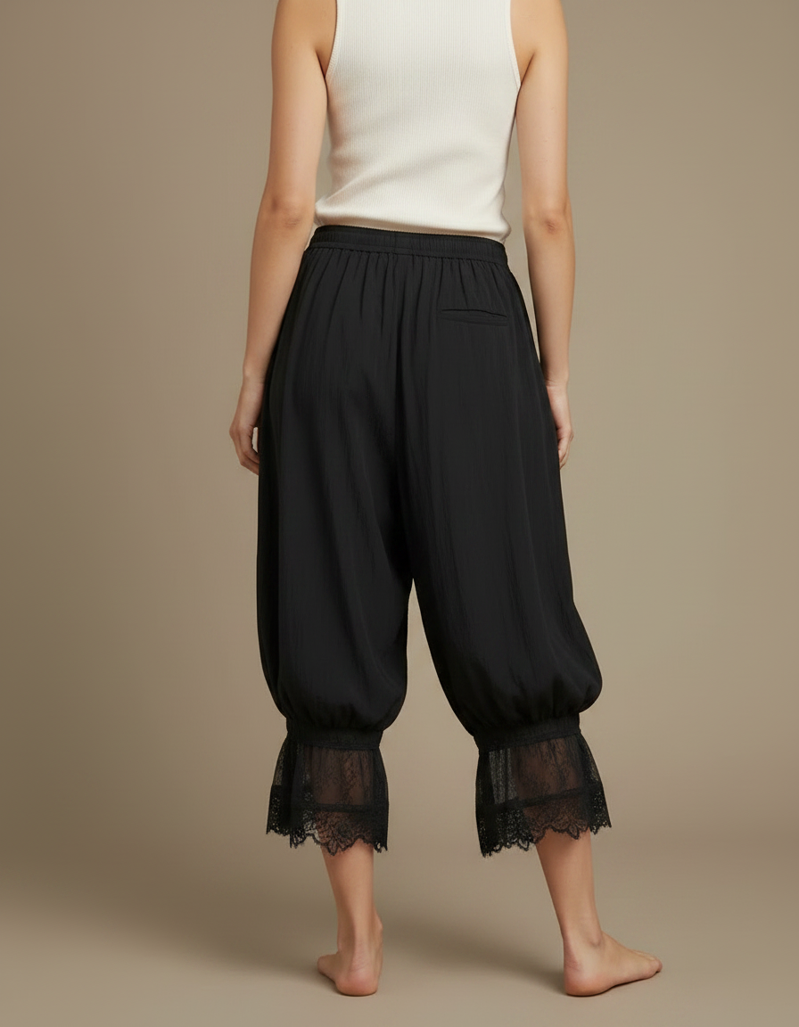 Pantalon Parachute Noir Fluide Ample Dentelle Femme - Viscose - vue 2
