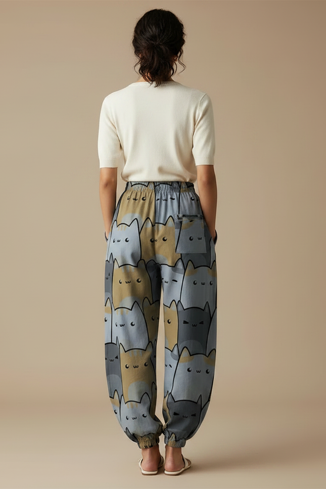 Pantalon Parachute Chat Imprimé Ample Décontracté Poches - Viscose - vue 2