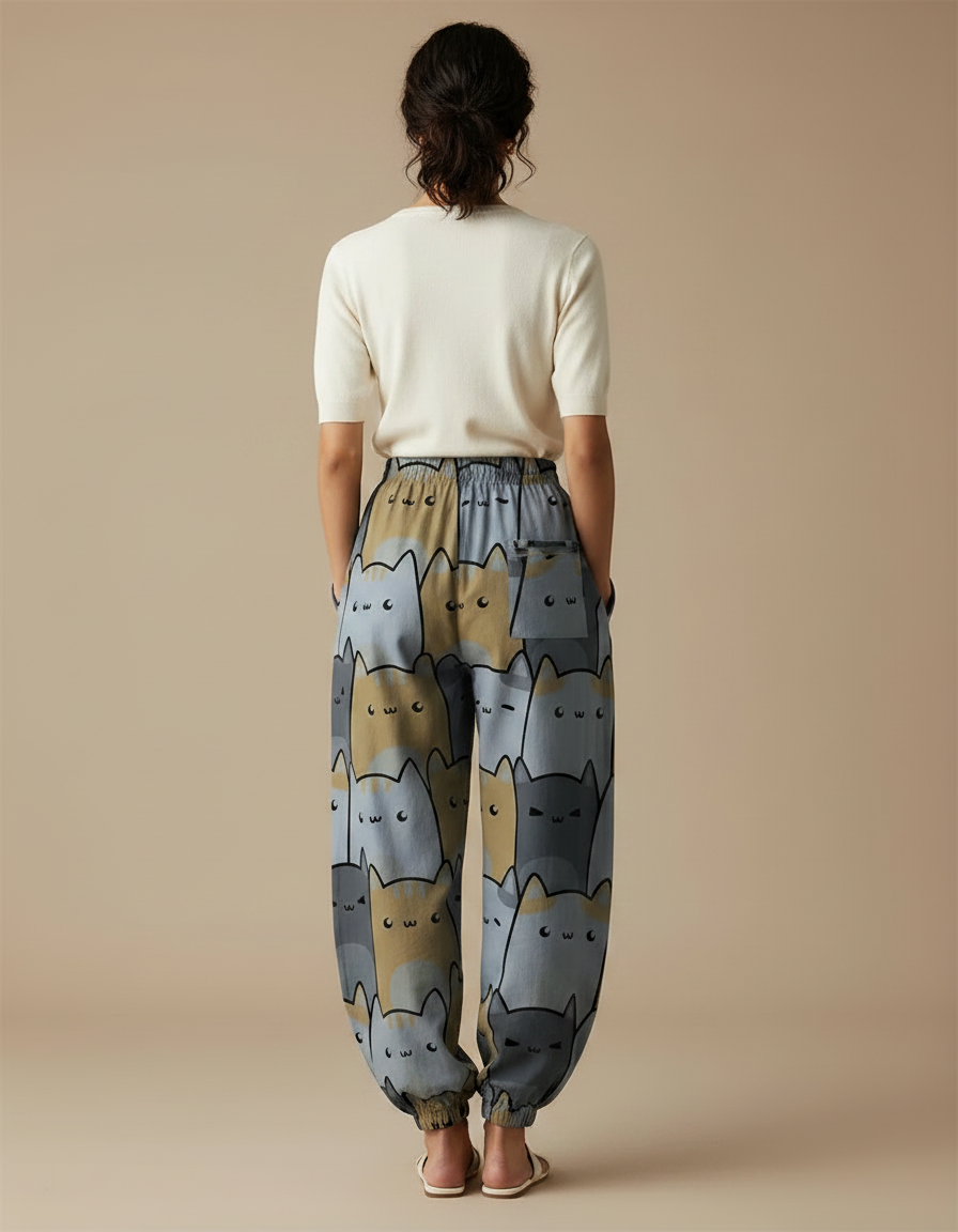 Pantalon Parachute Chat Imprimé Ample Décontracté Poches - Viscose - vue 2