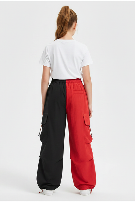 Pantalon Parachute Noir Rouge Cargo Ample Fille - Multicolore Polyester - vue 2