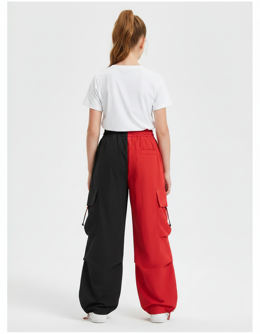 Pantalon Parachute Noir Rouge Cargo Ample Fille - Multicolore Polyester - vue 2