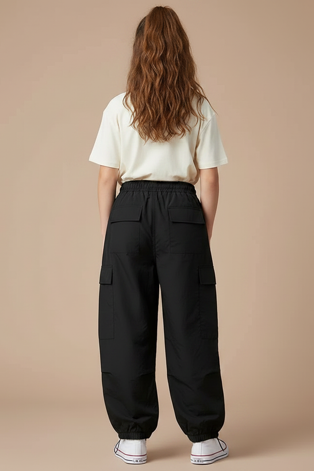 Pantalon Parachute Noir Cargo Ample Chevilles Élastiquées - Polyester - vue 2