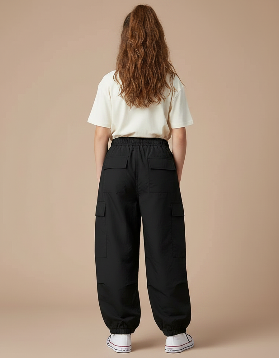 Pantalon Parachute Noir Cargo Ample Chevilles Élastiquées - Polyester - vue 2