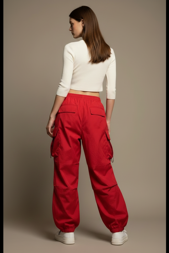 Pantalon Parachute Rouge Cargo Ample Femme - Polyester - vue 2