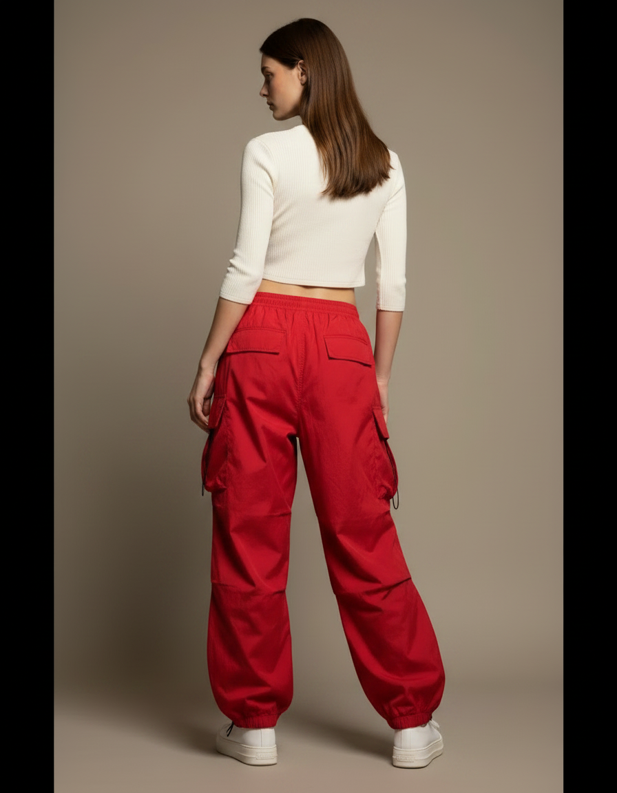 Pantalon Parachute Rouge Cargo Ample Femme - Polyester - vue 2