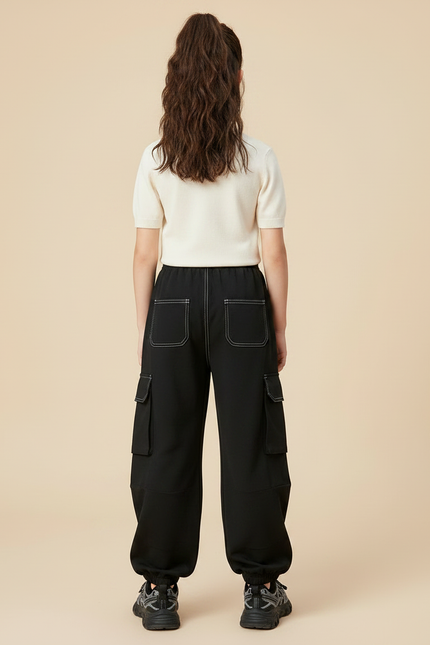 Pantalon Parachute Noir Rayures Blanches Cargo Ample Fille - Polyester - vue 2