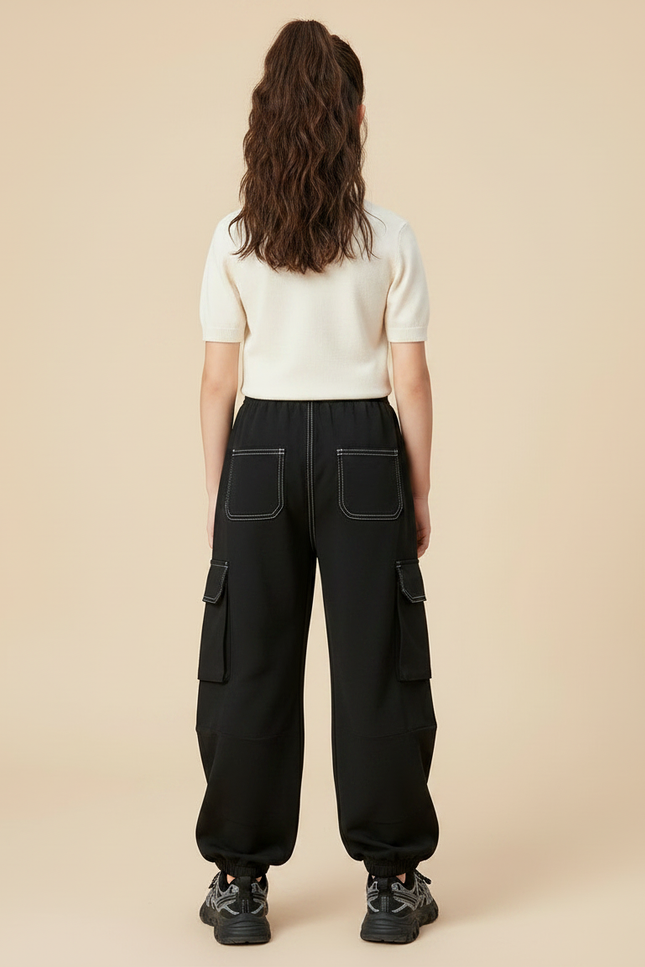 Pantalon Parachute Noir Rayures Blanches Cargo Ample Fille - Polyester - vue 2