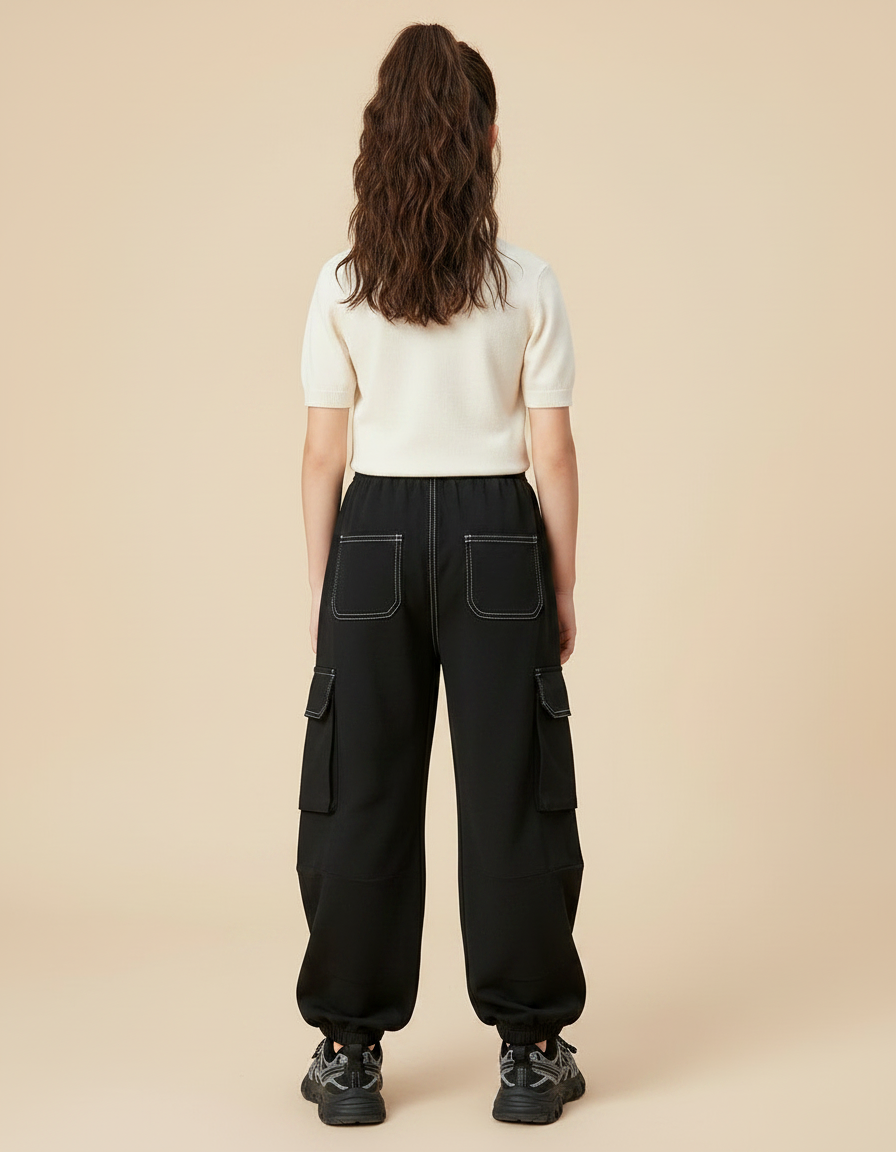 Pantalon Parachute Noir Rayures Blanches Cargo Ample Fille - Polyester - vue 2
