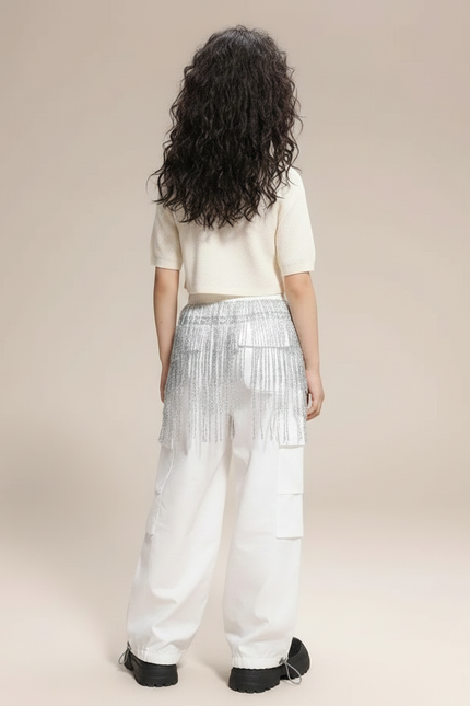 Pantalon Parachute Blanc Cargo Ample Brillant Fille - Toile - vue 2