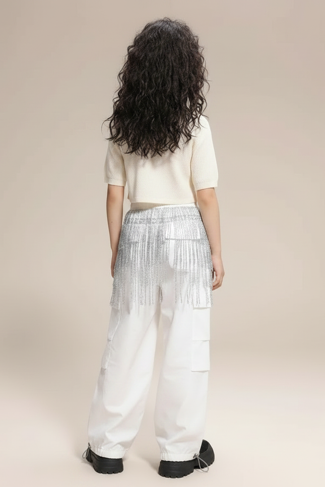 Pantalon Parachute Blanc Cargo Ample Brillant Fille - Toile - vue 2