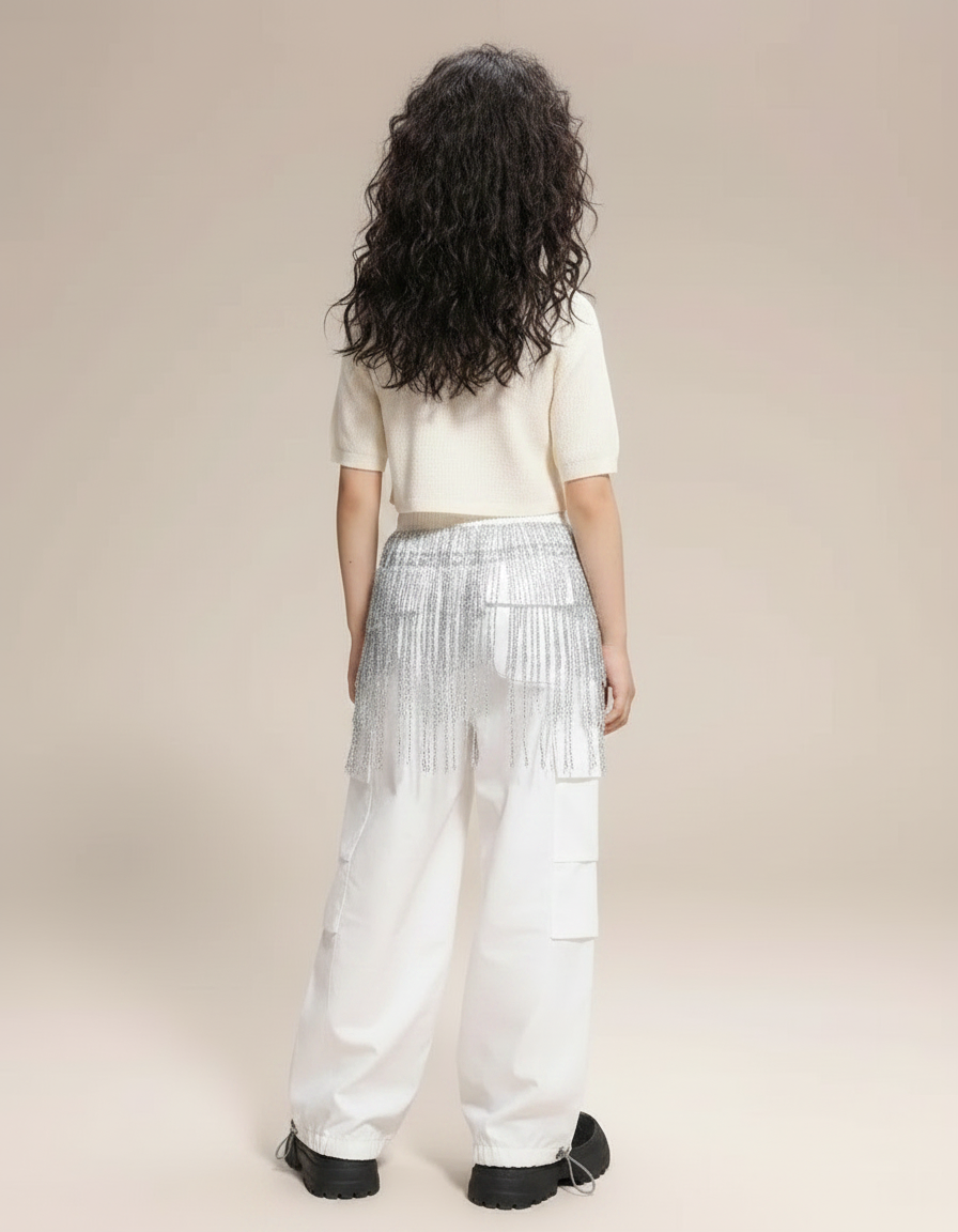 Pantalon Parachute Blanc Cargo Ample Brillant Fille - Toile - vue 2
