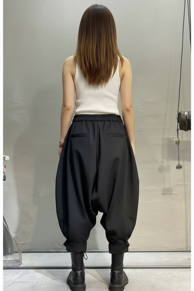 Pantalon Parachute Noir Ample Harem Taille Élastique - Polyester - vue 2