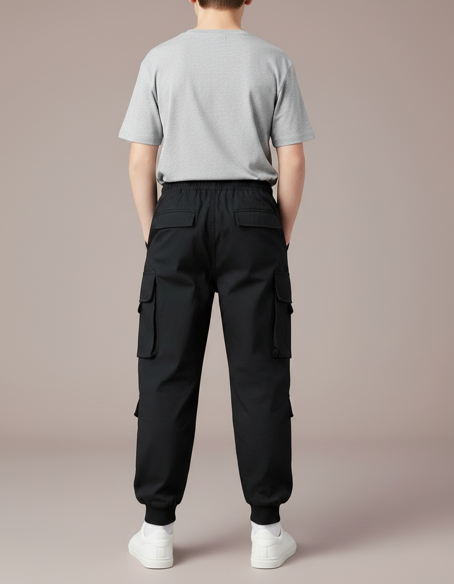 Pantalon Parachute Noir Cargo Ample Décontracté Garçon - Toile - vue 2