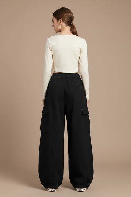 Pantalon Parachute Noir Ample Cargo Urbain Décontracté - Molleton - vue 2