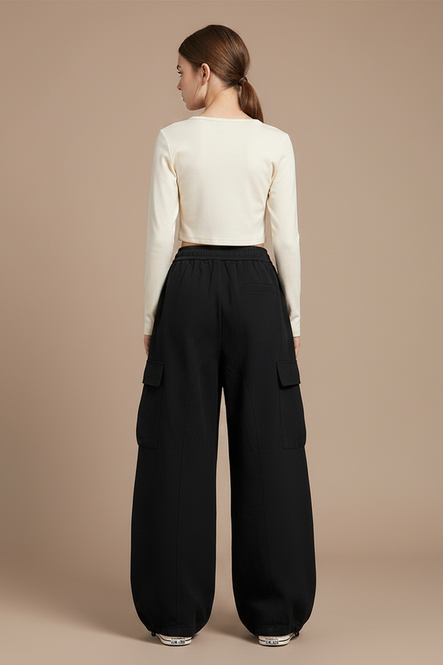 Pantalon Parachute Noir Ample Cargo Urbain Décontracté - Molleton - vue 2