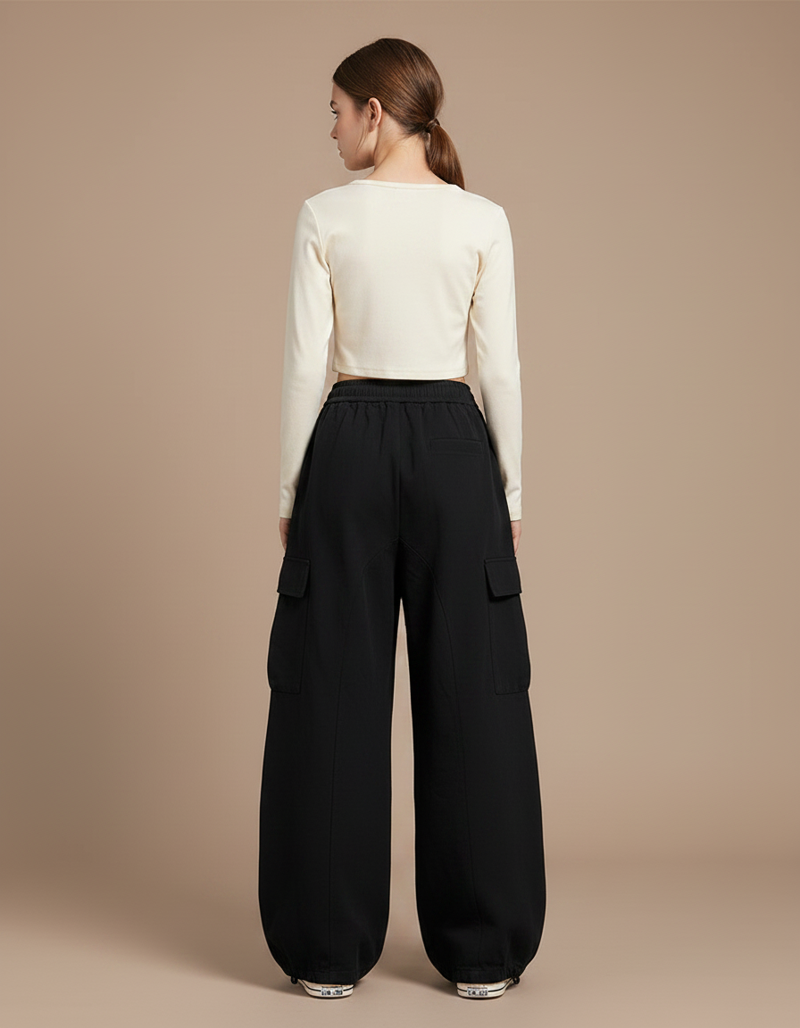 Pantalon Parachute Noir Ample Cargo Urbain Décontracté - Molleton - vue 2