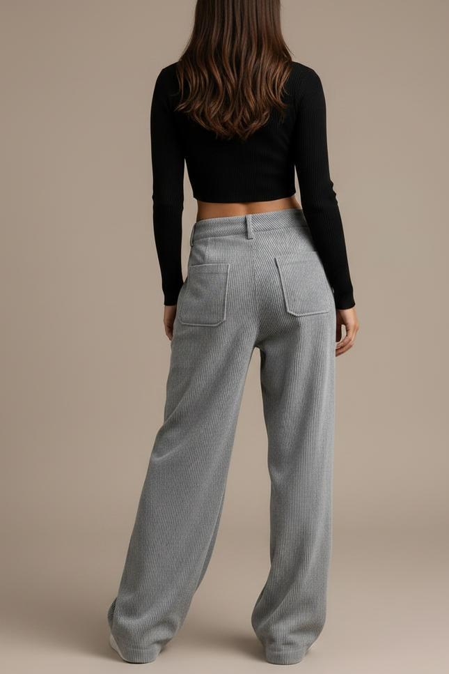 Pantalon Parachute Gris Côtelé Ample Décontracté Femme - Cordé - vue 2