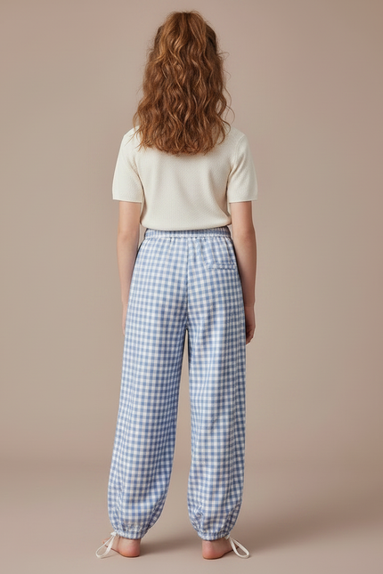 Pantalon Parachute Vichy Bleu Ample Fille Décontracté Coton - vue 2