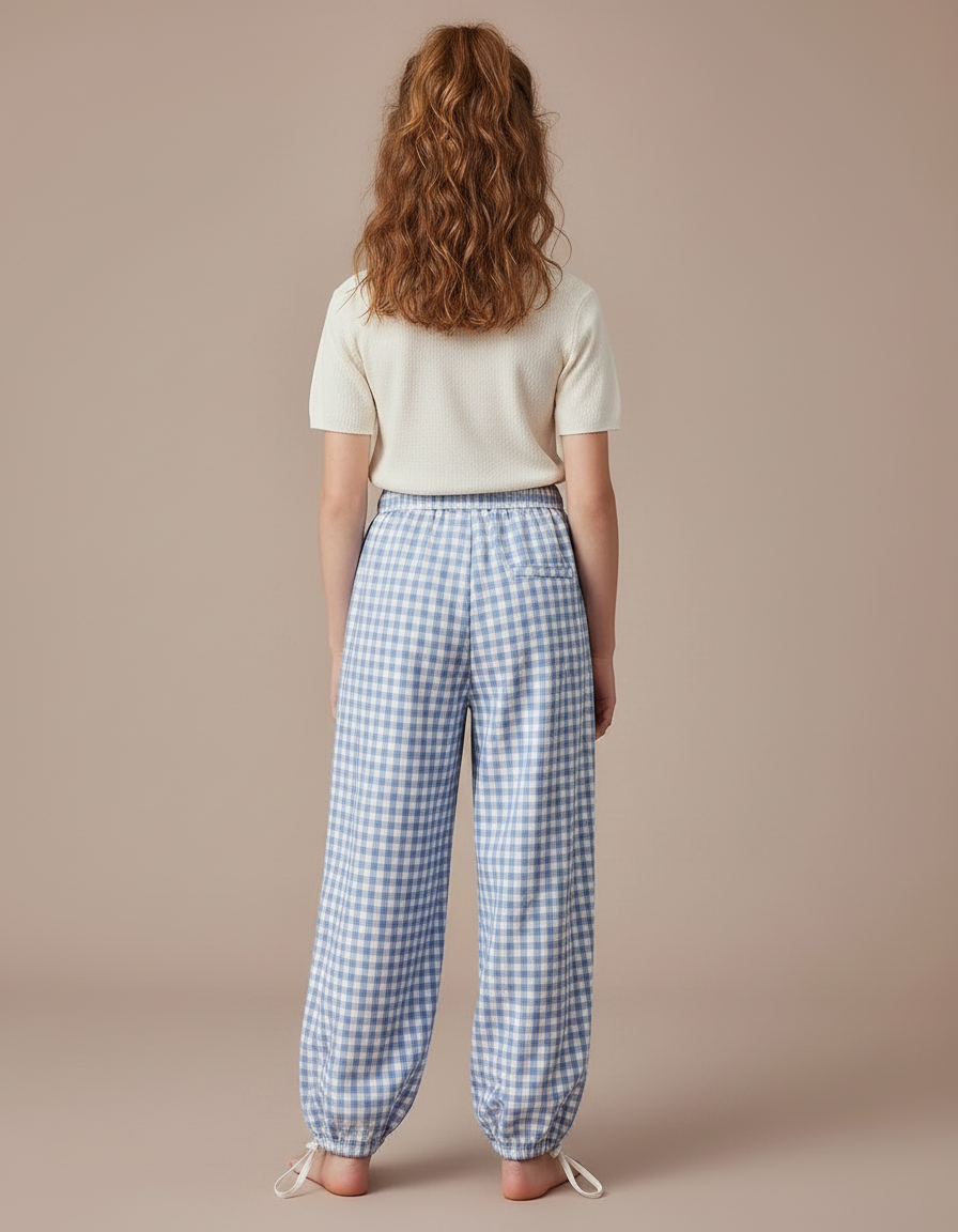 Pantalon Parachute Vichy Bleu Ample Fille Décontracté Coton - vue 2