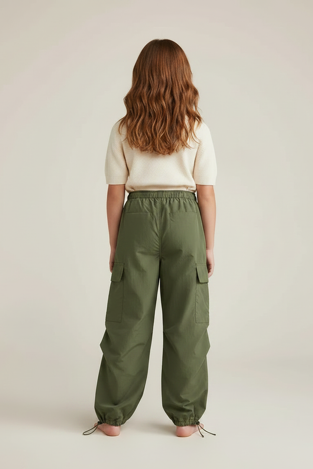 Pantalon Parachute Kaki Cargo Ample Cordon Enfant - Polyester - vue 2