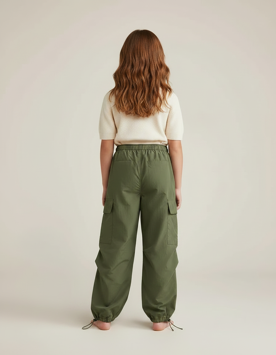 Pantalon Parachute Kaki Cargo Ample Cordon Enfant - Polyester - vue 2