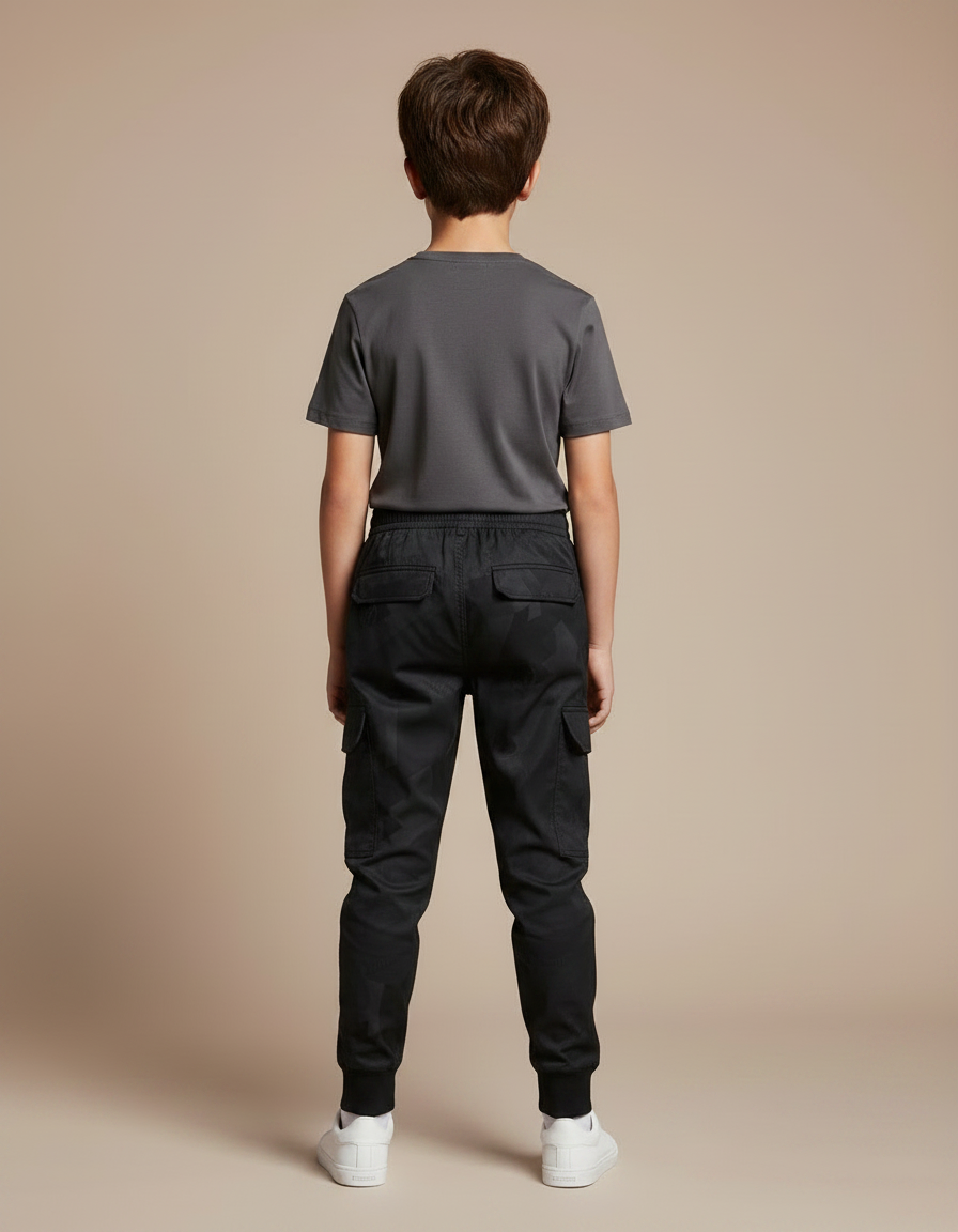 Pantalon Parachute Noir Cargo Imprimé Géométrique Enfant Cordon - Polyester - vue 2