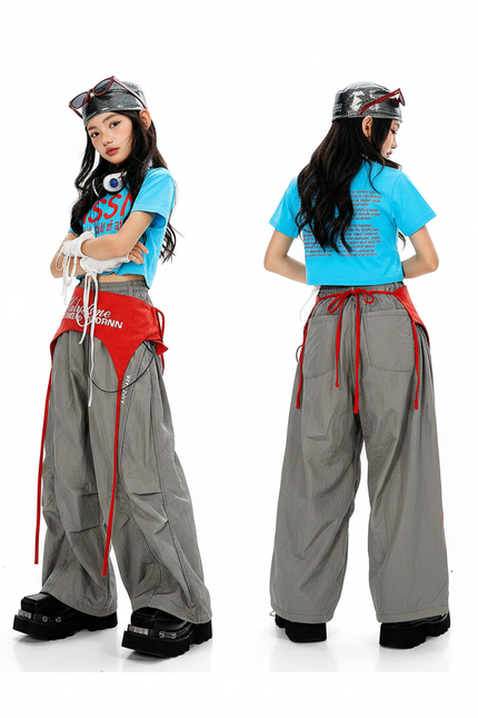 Pantalon Parachute Gris Ample Streetwear Bande Rouge - Polyester