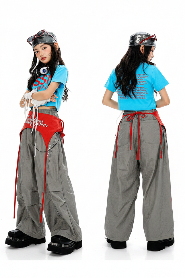 Pantalon Parachute Gris Ample Streetwear Bande Rouge - Polyester