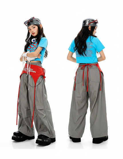 Pantalon Parachute Gris Ample Streetwear Bande Rouge - Polyester