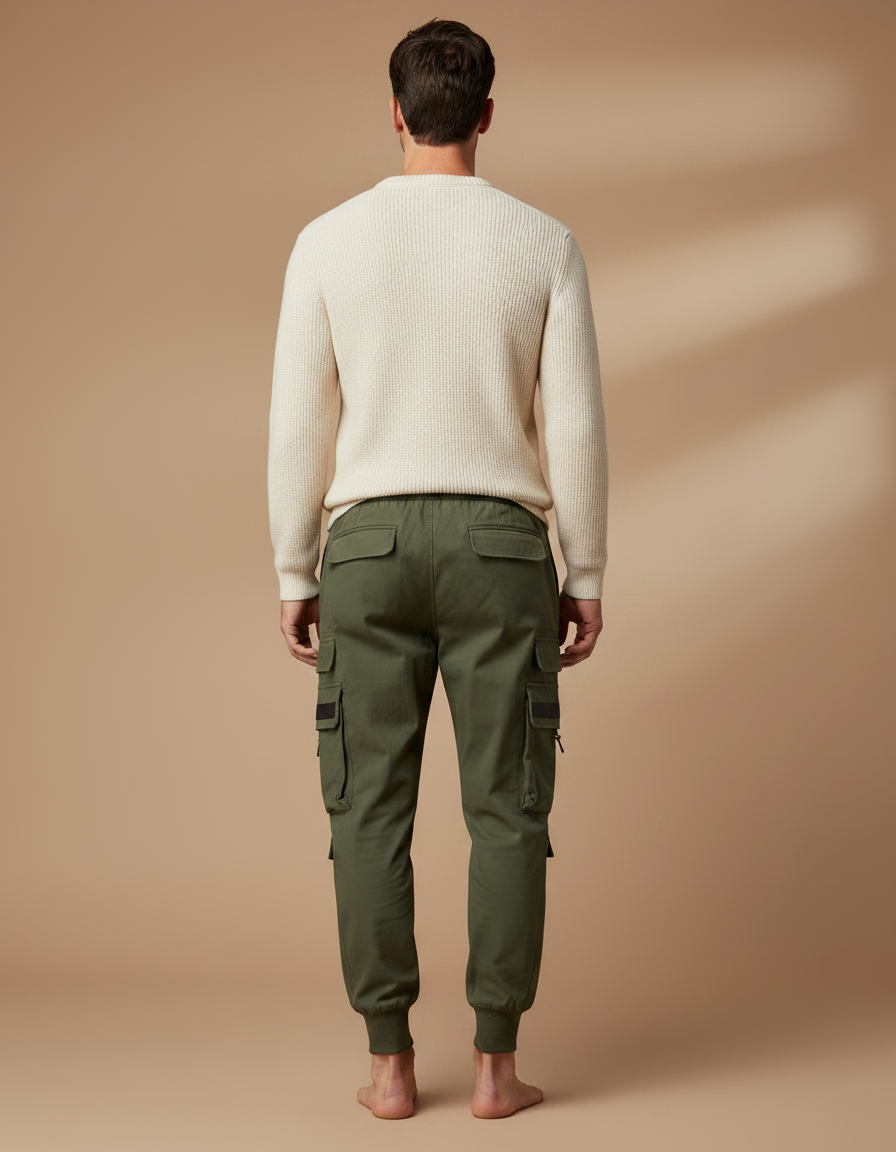 Pantalon Parachute Vert Kaki Cargo Imprimé Cordon Homme - Polyester - vue 2