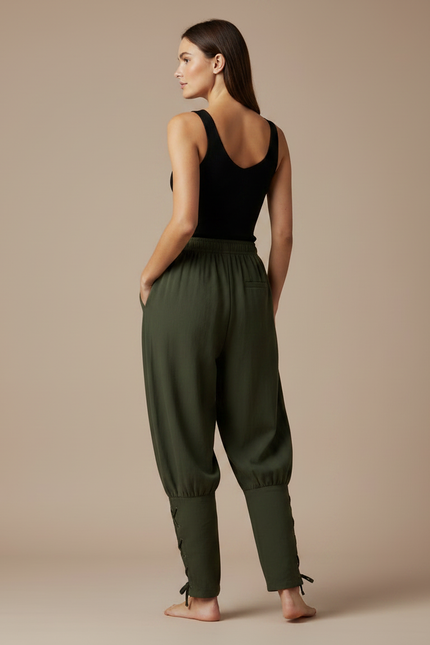 Pantalon Parachute Kaki Ample Cordon Lacets Femme Coton - vue 2