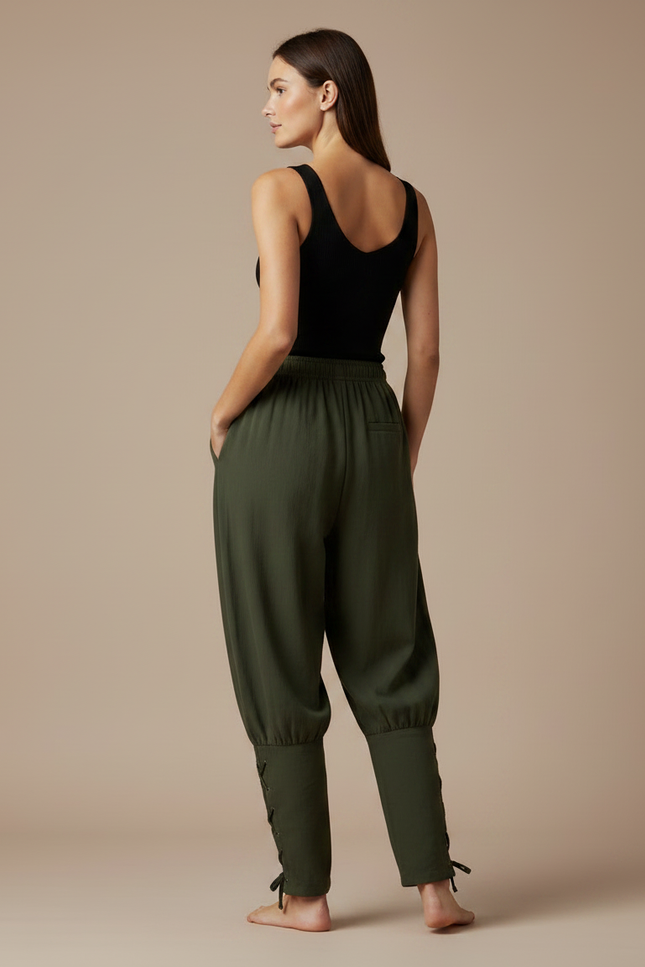 Pantalon Parachute Kaki Ample Cordon Lacets Femme Coton - vue 2