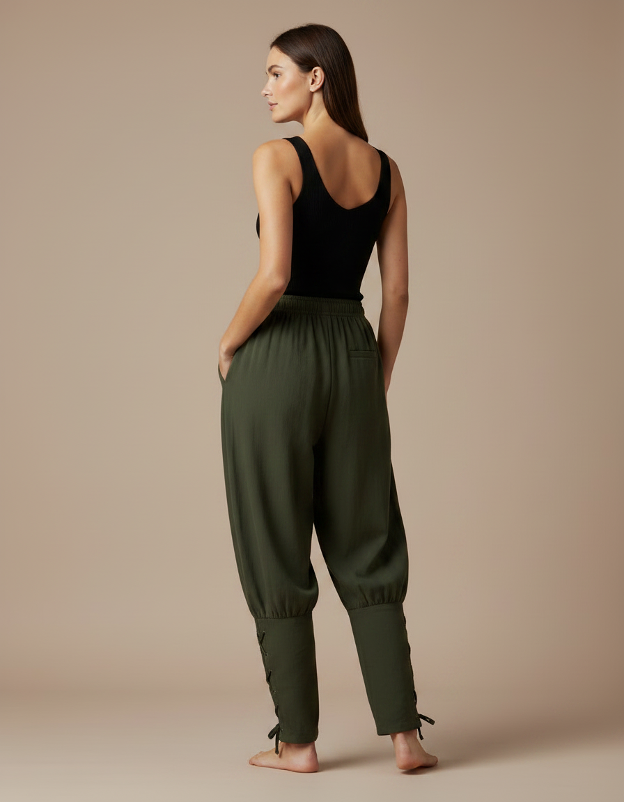 Pantalon Parachute Kaki Ample Cordon Lacets Femme Coton - vue 2