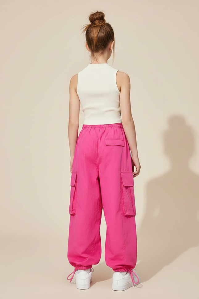 Pantalon Parachute Rose Ample Cargo Fille Fluide - Polyester - vue 2
