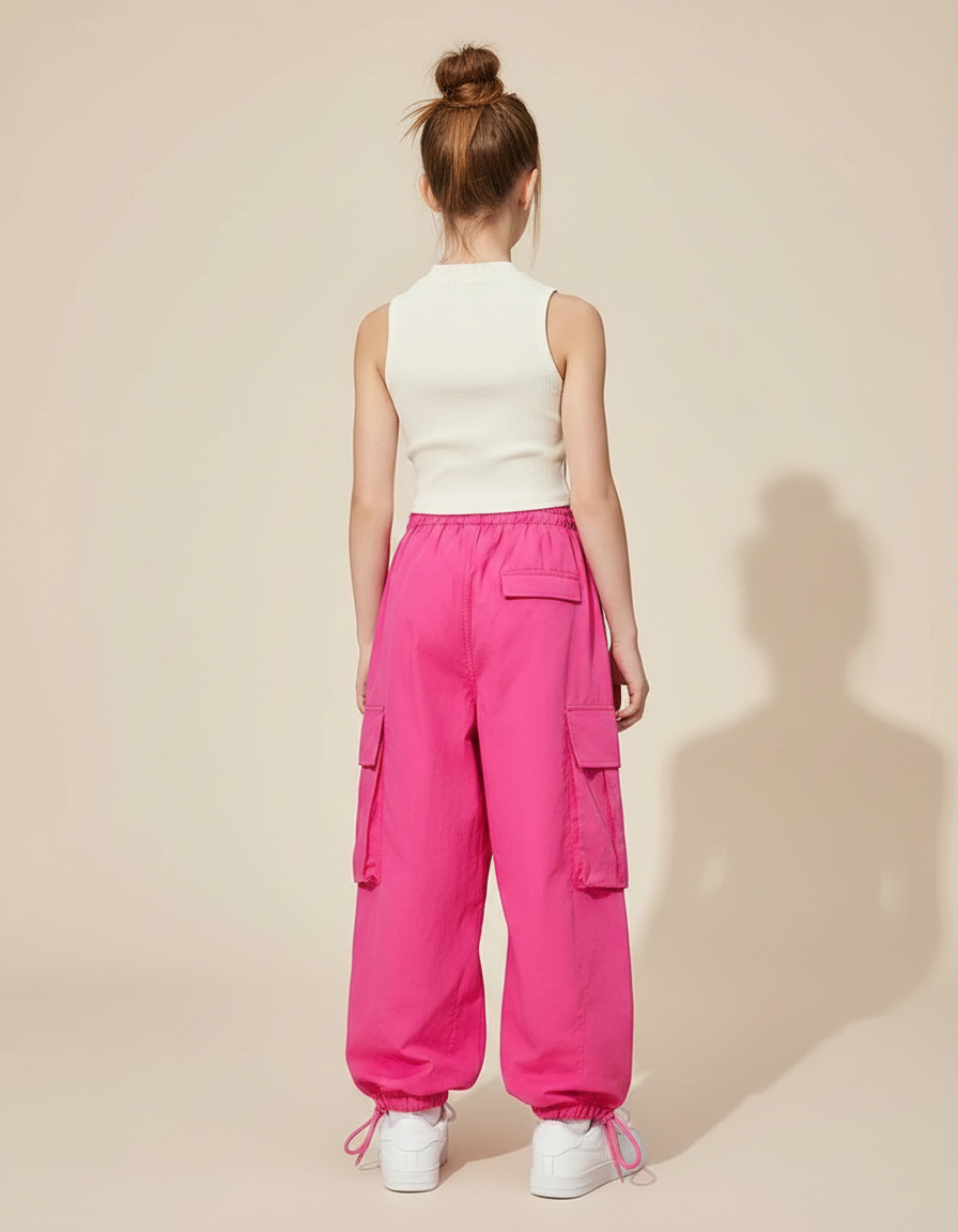 Pantalon Parachute Rose Ample Cargo Fille Fluide - Polyester - vue 2