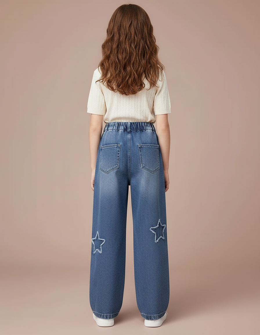 Pantalon Parachute Denim Étoiles Ample Enfant Bleu Décontracté - Jean - vue 2