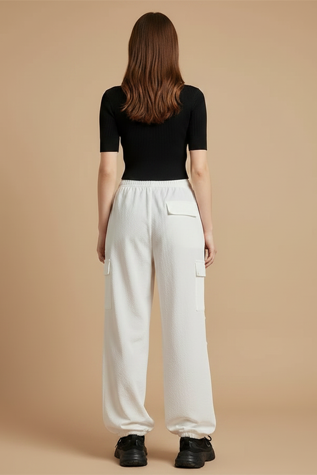 Pantalon Parachute Blanc Ample Cargo Décontracté Sportif - Molleton - vue 2