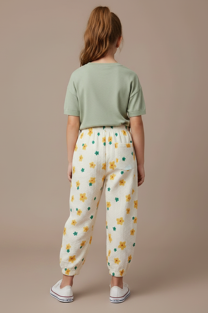 Pantalon Parachute Crème Fleuri Ample Enfant Léger - Blanc Coton - vue 2