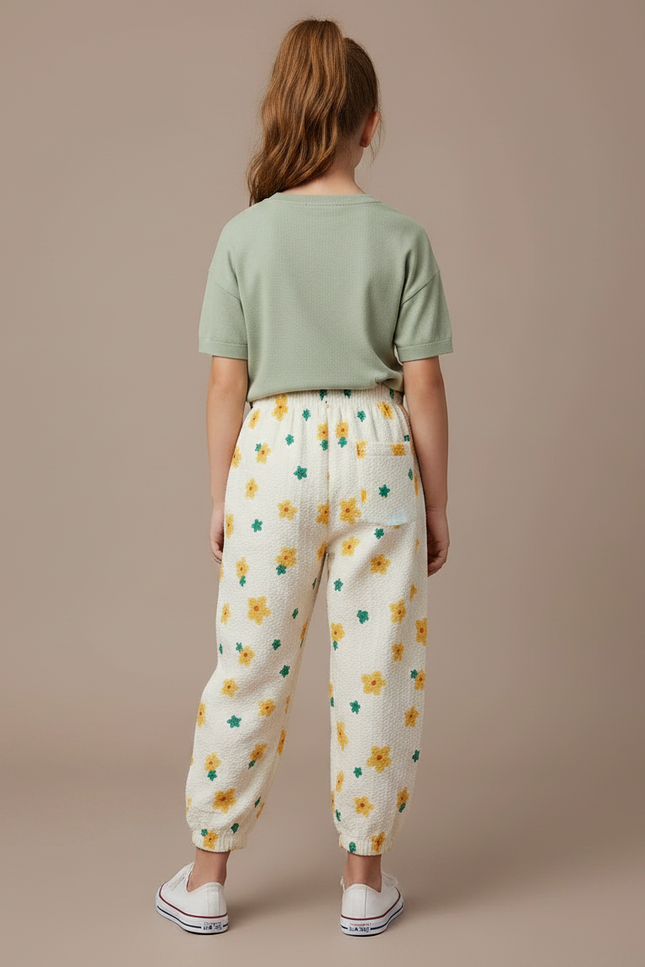 Pantalon Parachute Crème Fleuri Ample Enfant Léger - Blanc Coton - vue 2