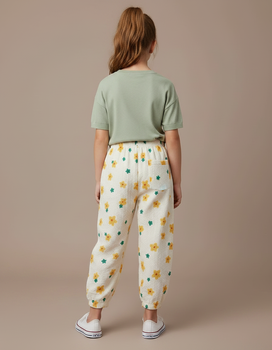 Pantalon Parachute Crème Fleuri Ample Enfant Léger - Blanc Coton - vue 2