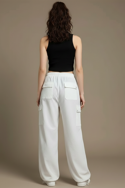 Pantalon Parachute Blanc Ample Cargo Taille Haute - Molleton - vue 2